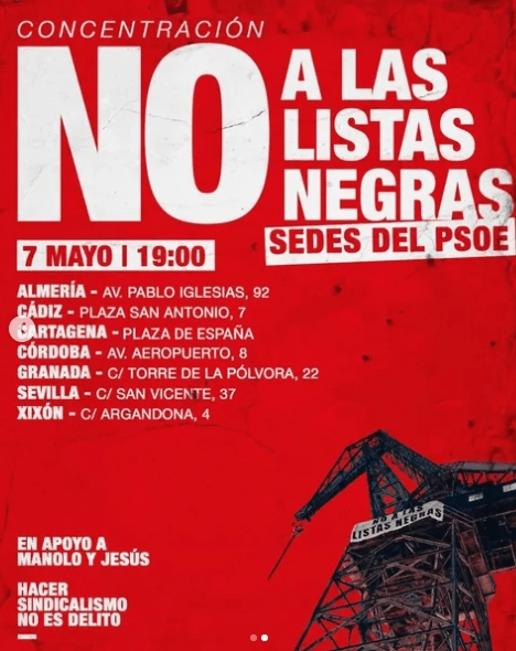 Convocan movilizaciones solidarias en Andalucía y en exterior cuando Manuel y Jesús cumplan un mes en la grúa de&nbsp;Navantia